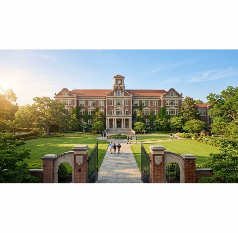 Wide panoramic shot of Oakridge Academy's main building facade and grand entrance gates under soft morning sun, inviting and structured. Lush green lawns, clear blue sky.
