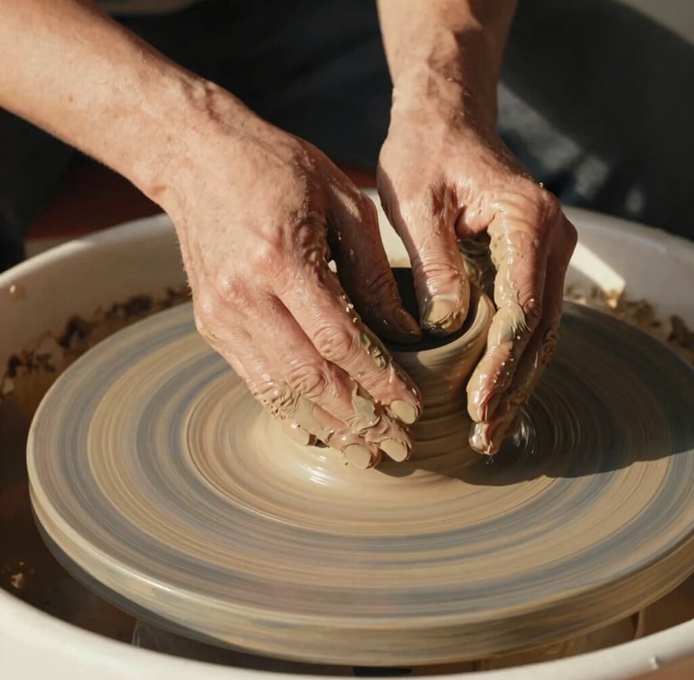 Close-up of a potter's hands gently shaping wet clay on a pottery wheel, soft natural light from the side, focus on the tactile texture of the clay and the movement of the hands, warm earthy tones, 35mm