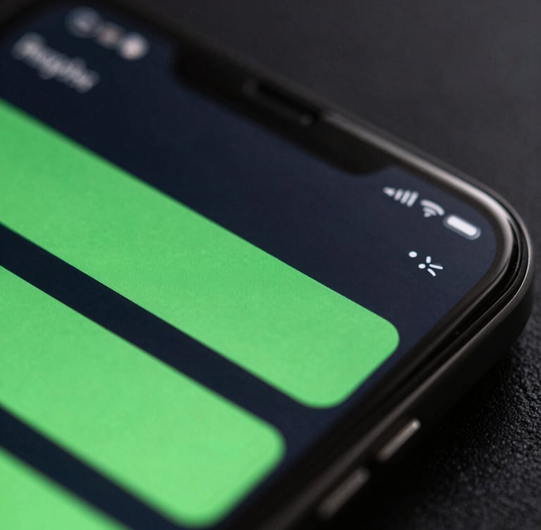 Extreme close-up macro shot of a physical Android device screen displaying a fluid, high-fidelity UI transition with bright green accents, dark slate background, moody rim lighting