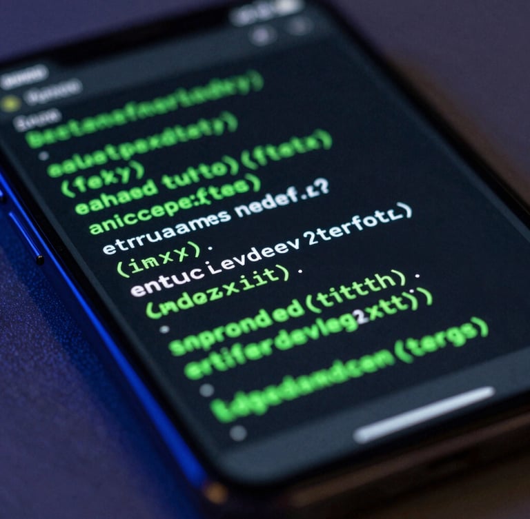 Macro close-up of a physical Android screen showing a dark IDE interface with sharp green syntax highlighting, reflecting moody blue rim light.