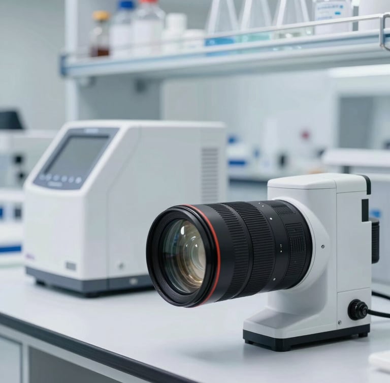 A clean laboratory environment with analytical testing equipment, cool-toned daylight, sharp commercial lens, highly technical.