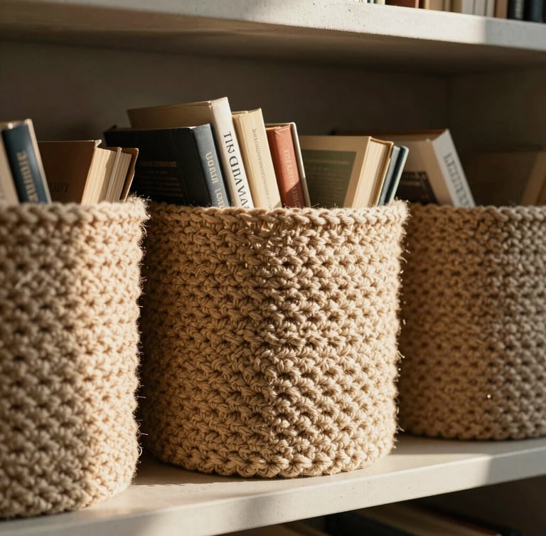 Warm editorial photography of structured heavy-gauge crochet baskets holding books on a concrete shelf, direct afternoon sunlight casting soft shadows, 50mm