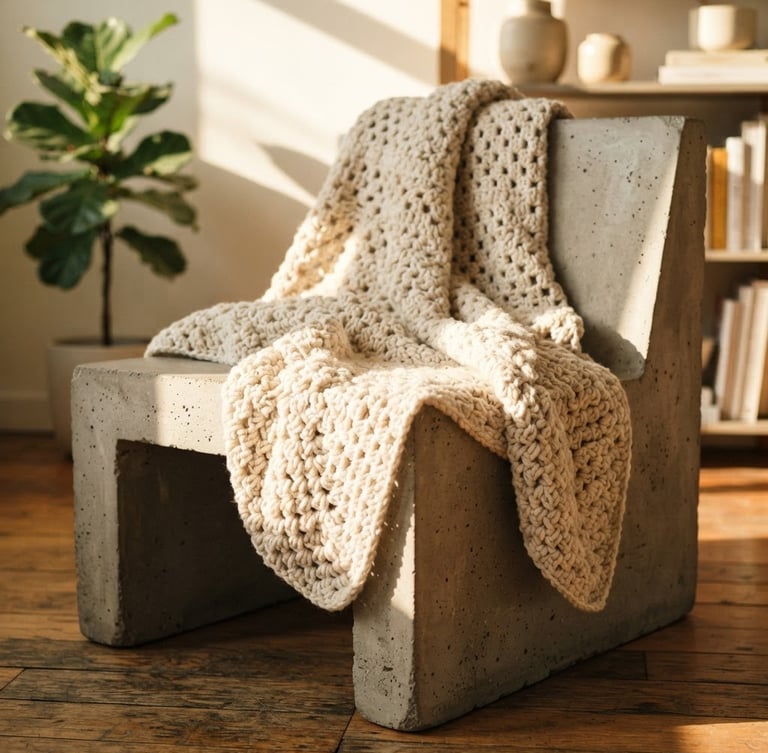 Warm editorial photography of a heavy-gauge cotton crochet throw draped over a minimalist concrete chair, direct afternoon sunlight casting soft shadows, rich tactile textures, 50mm