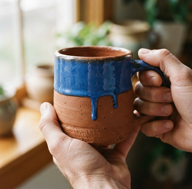Tight, tactile macro shot of a heavy-bottomed terracotta mug held in two hands, vibrant cobalt glaze dripping slightly, soft morning window light, shallow depth of field, 35mm film.