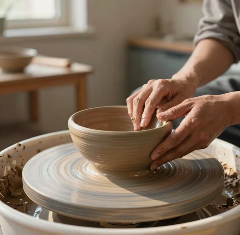Portrait-oriented shot of a potter's hands gently smoothing the rim of a freshly thrown stoneware bowl on a wheel, warm morning light, shallow depth of field, studio background with drying racks.