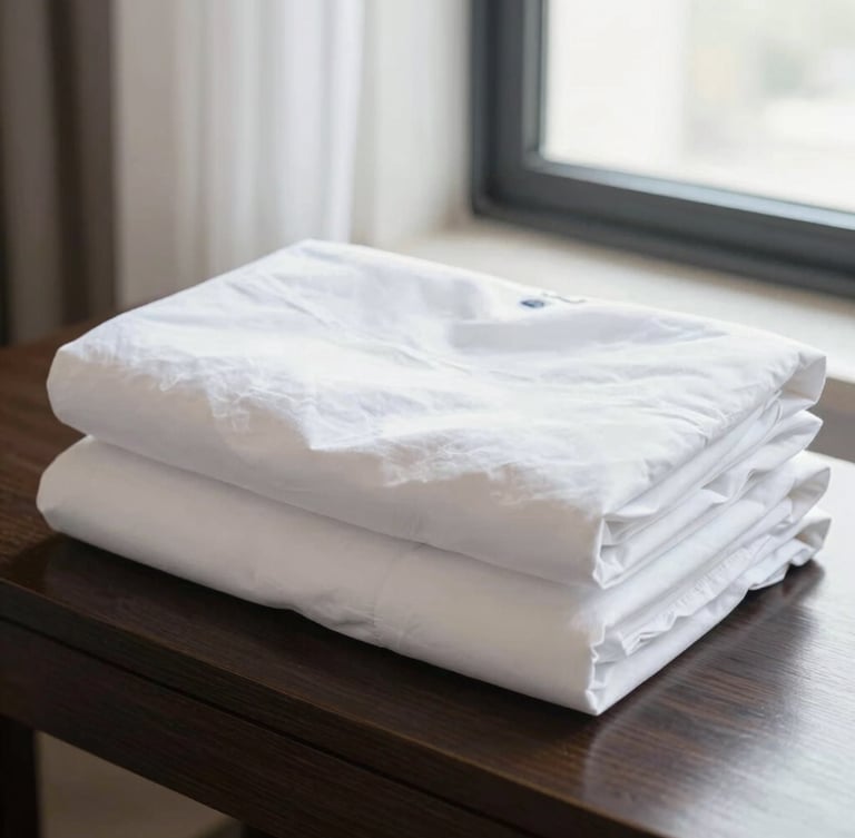 Crisp white folded linens stacked neatly on a dark wooden table in a bright hotel room, natural window light, sharp focus
