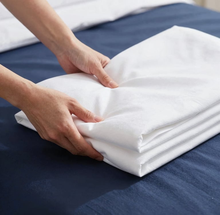 Bright commercial photography, crisp natural daylight, clean white and deep navy tones, sharp focus, 35mm lens, close-up of precise hands folding crisp white hotel linens on a bed