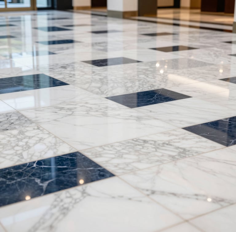 Low-angle reflection of a pristine, polished marble floor in a modern hotel lobby, bright professional indoor lighting, sharp focus