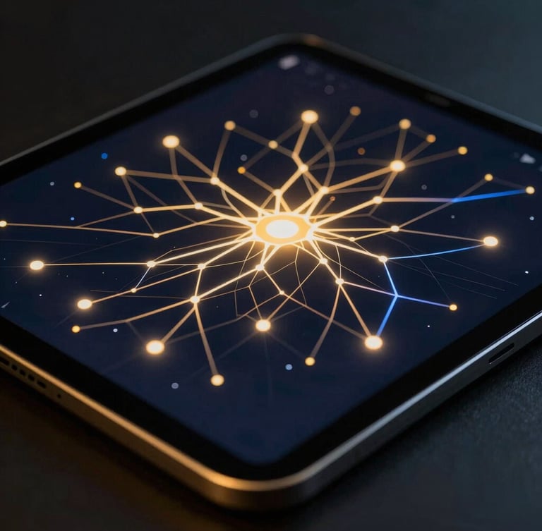 Macro shot of a high-end digital tablet displaying golden and blue neural network visualizations, moody low-key studio lighting, sleek dark-mode editorial style