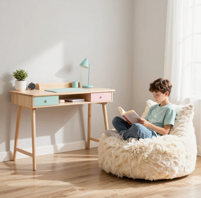 Bright interior photography of a styled teen bedroom with a pastel gaming desk and a faux fur bean lounger, soft natural morning light, light birch wood, clean composition, 35mm lens. A teen is casually reading on the lounger.