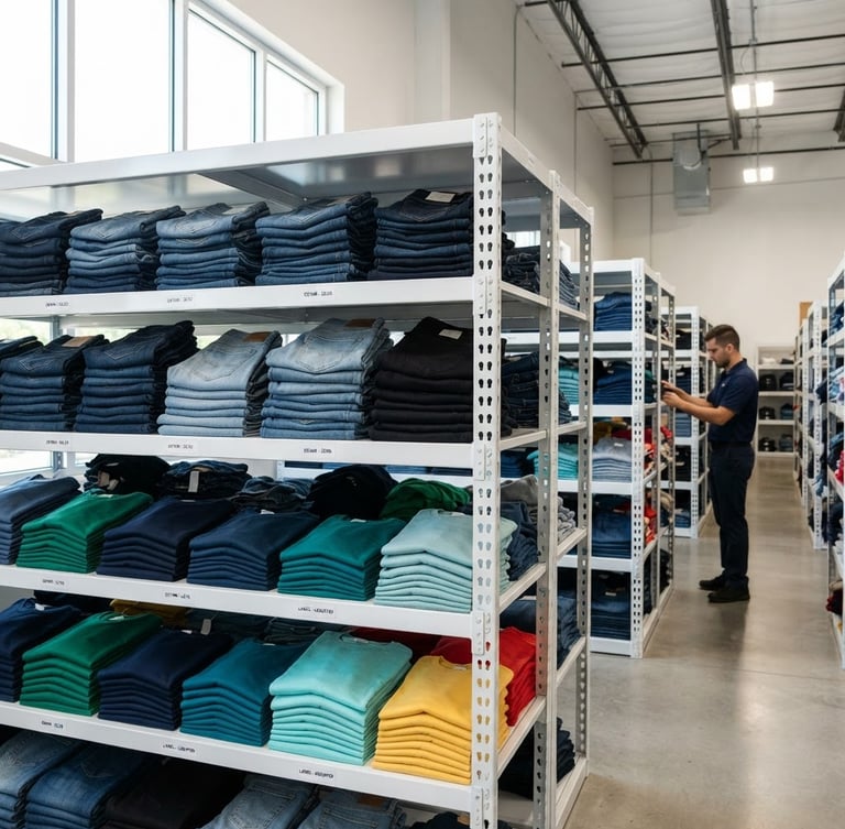 Bright professional photography of neatly organized wholesale apparel warehouse, folded denim and colorful shirts on clean white shelves, natural daylight, sharp focus, 35mm lens