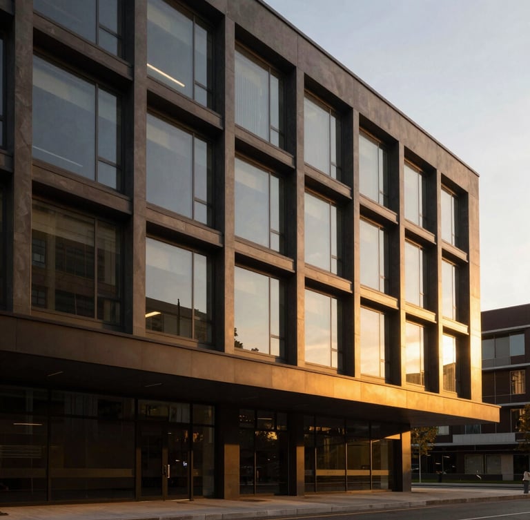 Modern corporate office exterior with clean architectural lines, warm golden hour ambient lighting, professional editorial composition, medium format