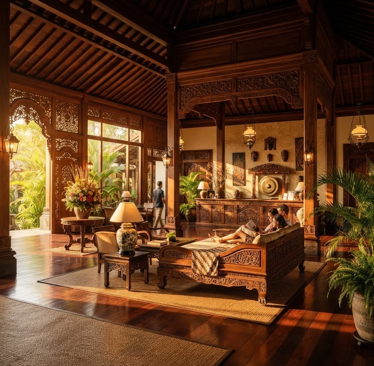 Warm hotel lobby interior with golden hour natural light, rich deep wood tones, elegant Indonesian architectural accents, editorial composition