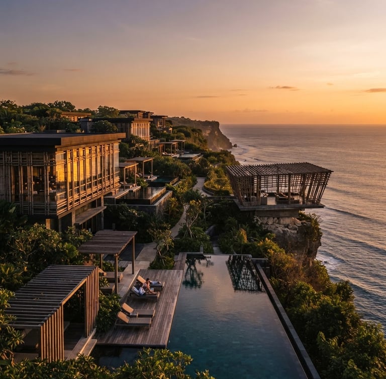 Wide environmental shot of iconic Indonesian hotel architecture, golden hour natural light reflecting off modern geometric glass and wood structures, warm editorial composition