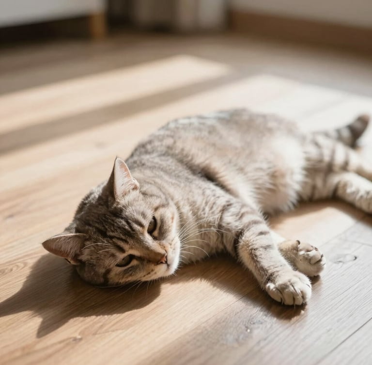 A serene cat resting in a warm sunspot on a wooden floor, soft natural indoor daylight, shallow depth of field, 35mm photography