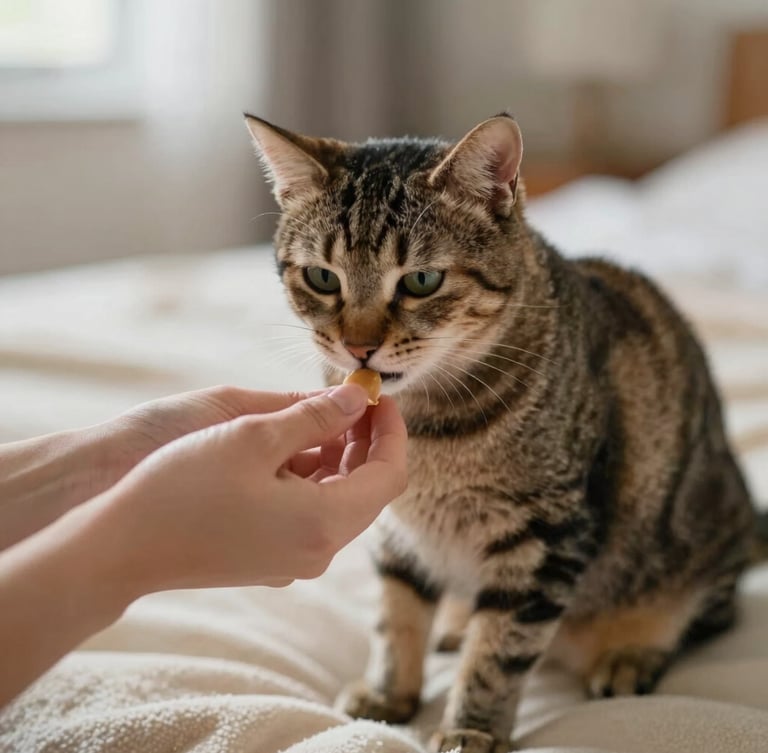 A close-up of gentle human hands slowly presenting a small treat to a relaxed tabby cat sitting on a warm cream-colored blanket, soft natural indoor daylight, shallow depth of field, 35mm