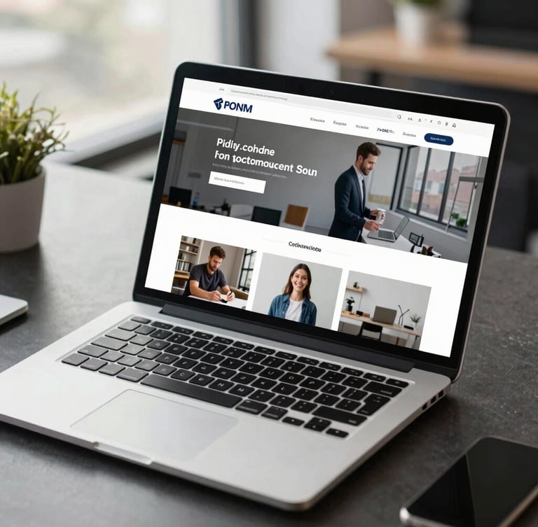 editorial tech photography, natural daylight with soft screen glow, a high-fidelity responsive corporate website mockup displayed on a modern laptop screen, angled shot on a clean dark slate office desk, 50mm lens
