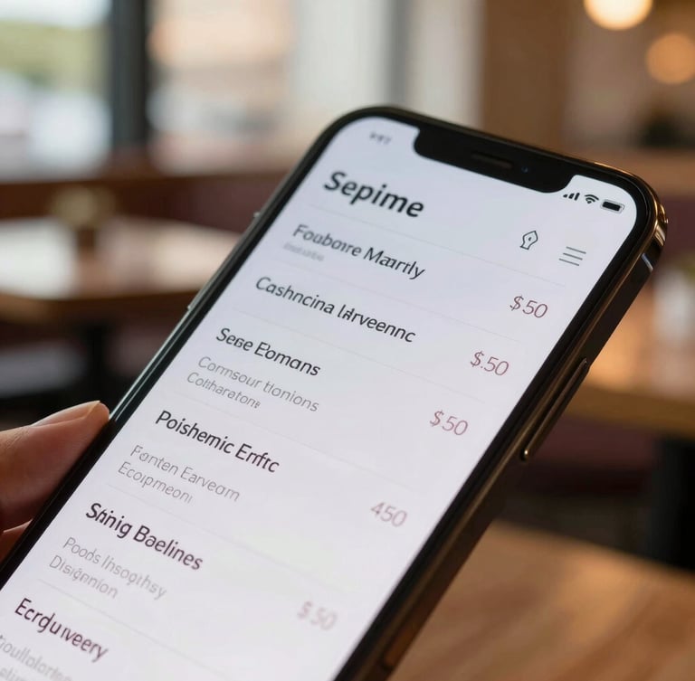 Tight angled shot of a mobile phone displaying an interactive digital menu, soft daylight, warm restaurant background, crisp details, 50mm lens
