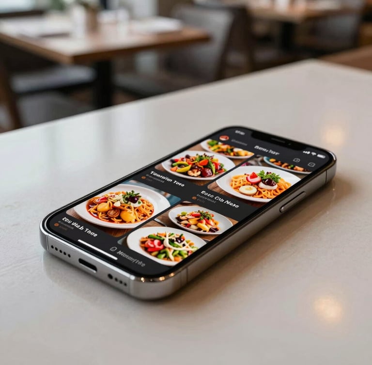 Angled close-up of a smartphone screen displaying a vibrant digital menu with high-resolution food photography, resting on a clean modern restaurant counter in soft natural daylight, 50mm lens.
