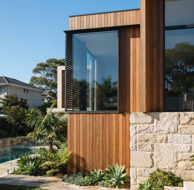 Bright architectural detail of a premium Sydney Eastern Suburbs home exterior, crisp natural daylight, clean composition with blue sky tones, 35mm lens