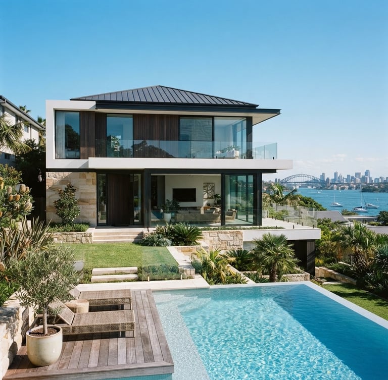 Bright architectural photography of a premium Sydney residential exterior with clean lines, crisp natural daylight, and subtle blue tones, 35mm lens.