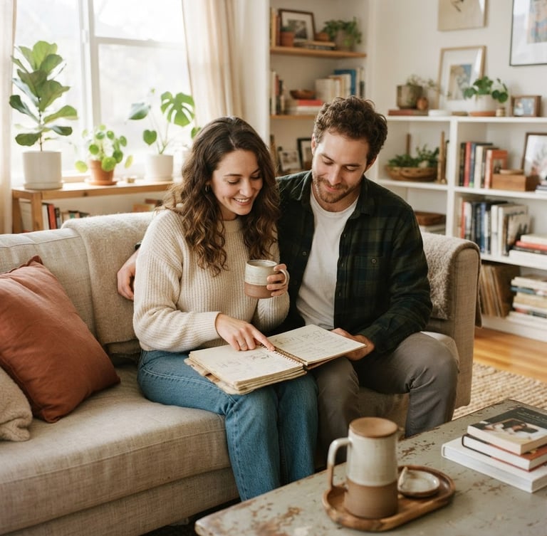 A warm editorial lifestyle photo of a young couple sitting calmly on a sofa in a bright living room, sharing a coffee and looking over a notebook together, soft afternoon light, 35mm