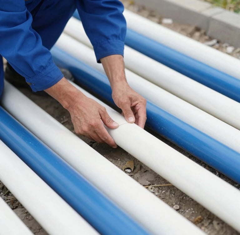 Close-up of a technician installing sub-slab reticulation pipes, focus on clean installation, bright natural daylight, blue and white tones, 35mm