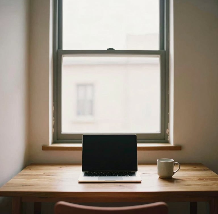 Straight-on architectural portrait of a sunlit suite interior, a clean wooden desk with a laptop and ceramic mug, soft terracotta accents, warm morning window light, 35mm photography