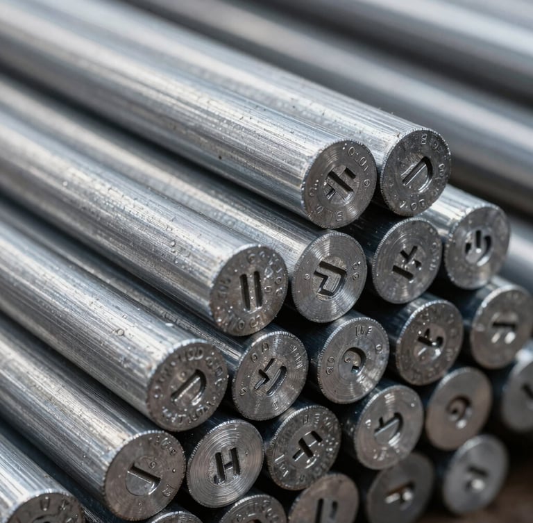 Macro photograph of stacked stainless steel round bars in an industrial warehouse, cool metallic tones, sharp focus on stamped heat numbers, 50mm lens.