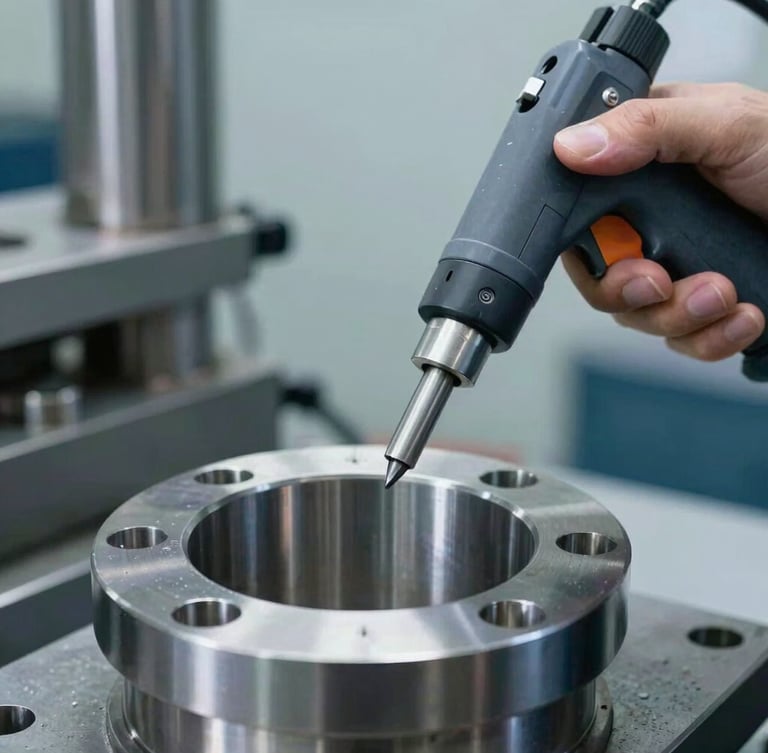 Close-up of a metallurgical technician using a handheld PMI gun to verify the chemical composition of a polished metal flange, cool industrial lighting.