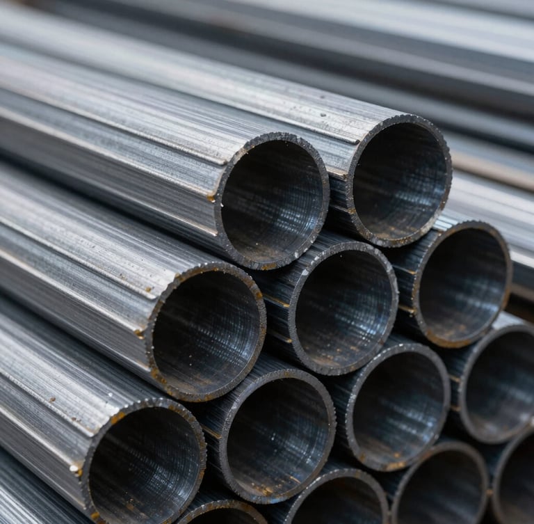 Macro detail shot of heavy industrial steel round bars stacked in a cool-toned warehouse, high-contrast lighting, sharp metallic textures.