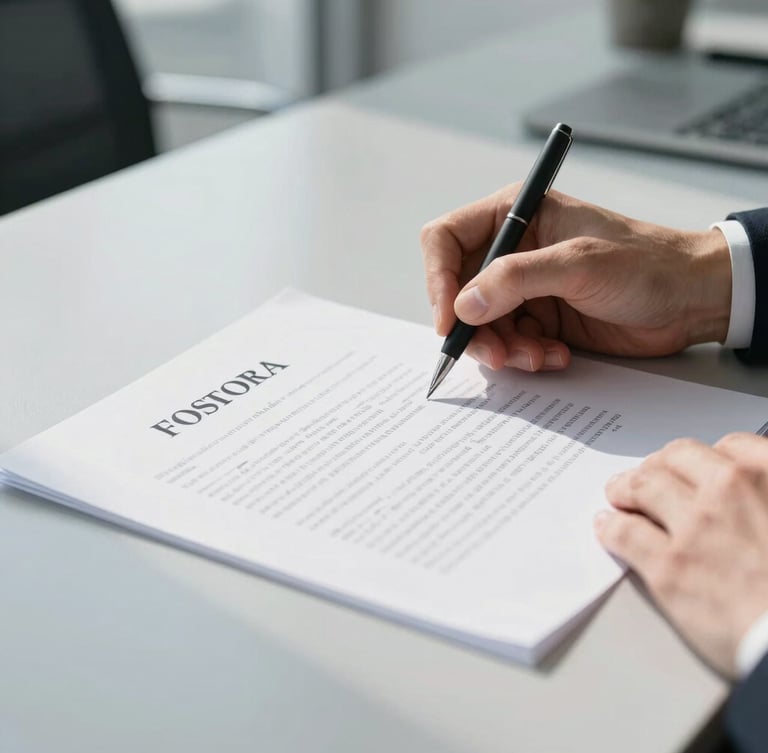 Close-up macro shot of hands signing a crisp corporate contract on a clean minimalist slate gray desk, bright natural office daylight, sharp focus, professional cool tones, 35mm