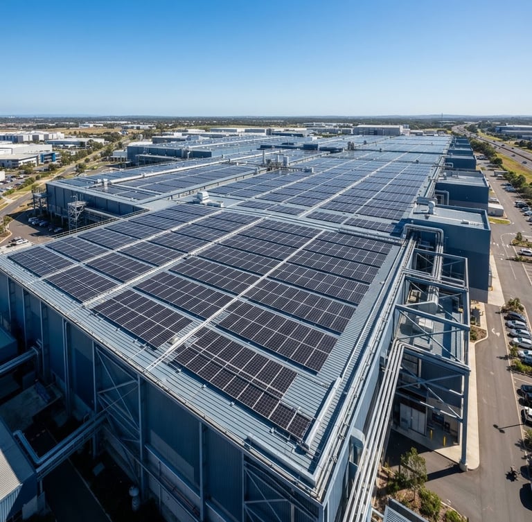 Wide-angle architectural photo of a massive industrial rooftop solar array on a steel-structure factory, bright direct sunlight, clean blue sky, sharp focus, 35mm