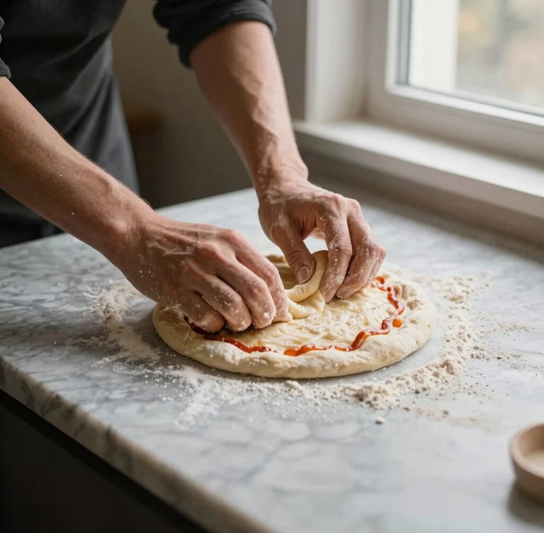 Hands kneading fresh pizza dough on a marble counter, flour dusted in the warm side-lit window light, 35mm photography