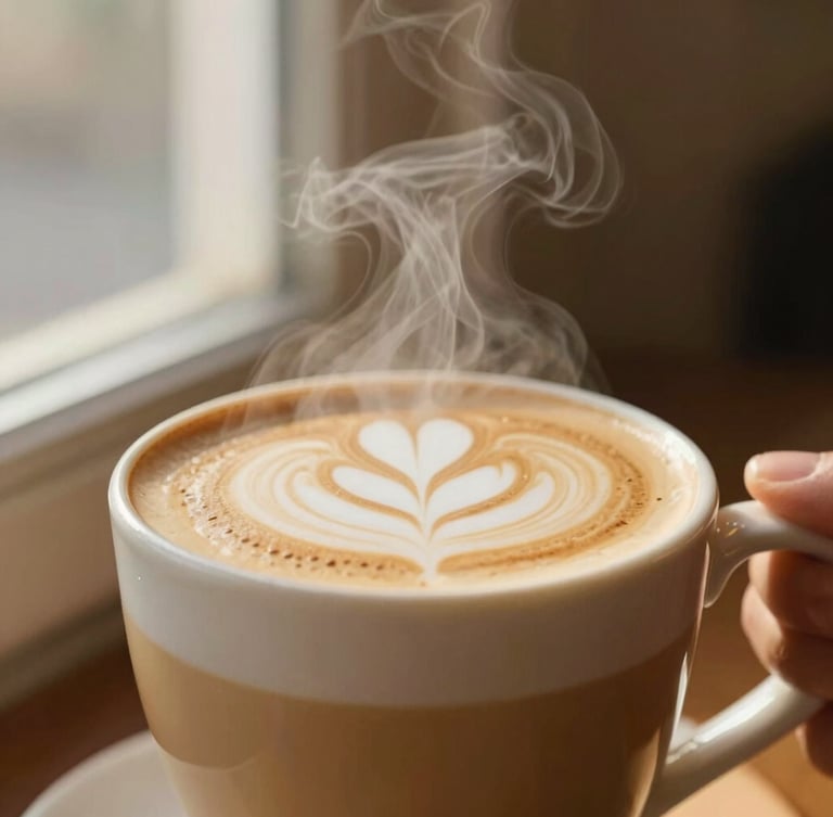 Close-up of steam rising from a freshly poured latte, warm side window light, rich coffee tones, shallow depth of field, 35mm