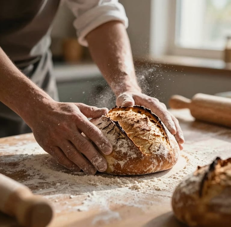 Close-up shot of a baker scoring fresh sourdough dough in a sunlit kitchen, flour dusting the air, warm side lighting, rich brown tones