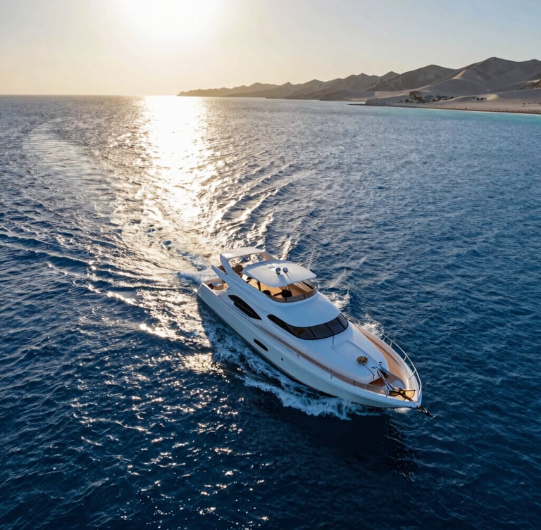 Overhead shot of a luxury yacht cruising near Dahab, golden hour light reflecting off the deep blue water, pristine coastline in the distance.