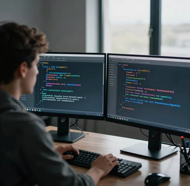 Over-the-shoulder view of a developer analyzing clean code on dual monitors in a dim room with cool screen glow, 35mm lens, high contrast.