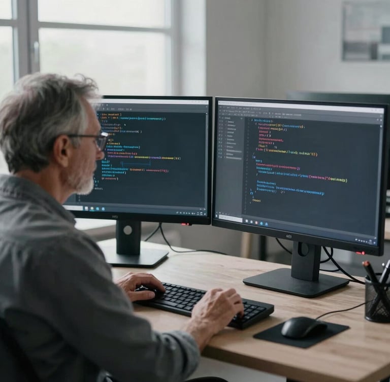 Over-the-shoulder shot of a senior software engineer writing clean code on a dual-monitor setup, cool screen glow, natural window light, desaturated slate tones, 35mm lens.