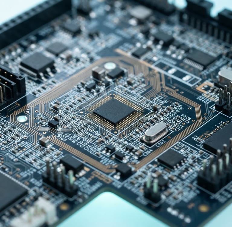 Macro shot of a high-precision circuit board under cool studio lighting with subtle cyan backlighting, highlighting clean-room precision and detailed depth of field.