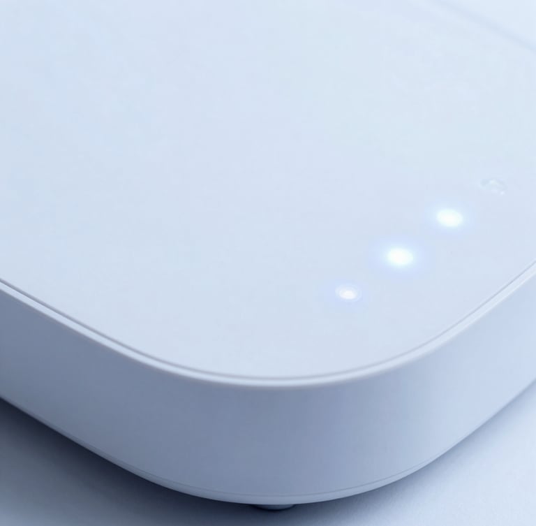 A smart home hub device with glowing LED indicators in a clean studio setting, high-key lighting, macro depth of field