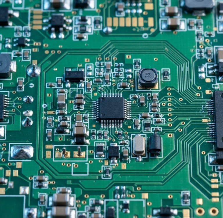 Macro shot of high-precision green printed circuit board with SMT components, cool blue studio lighting, sharp depth of field