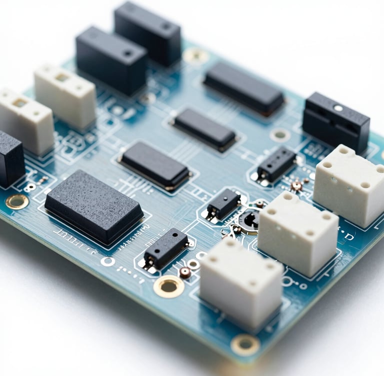 Overhead technical layout of an industrial electronic controller board, high-precision assembly, crisp cool shadows