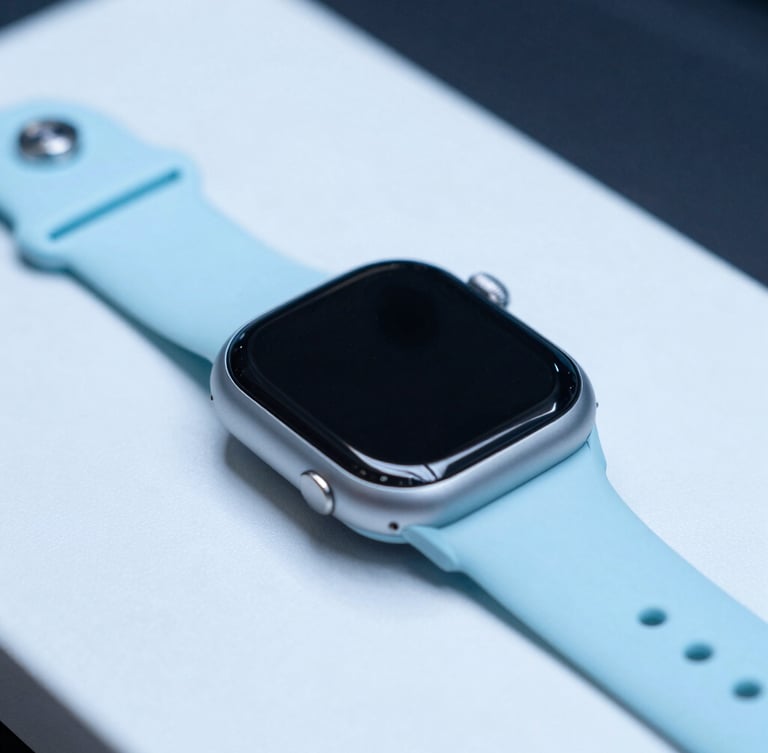 A modern smart watch on a high-precision testing bench, cool-toned cyan backlighting, sharp product photography
