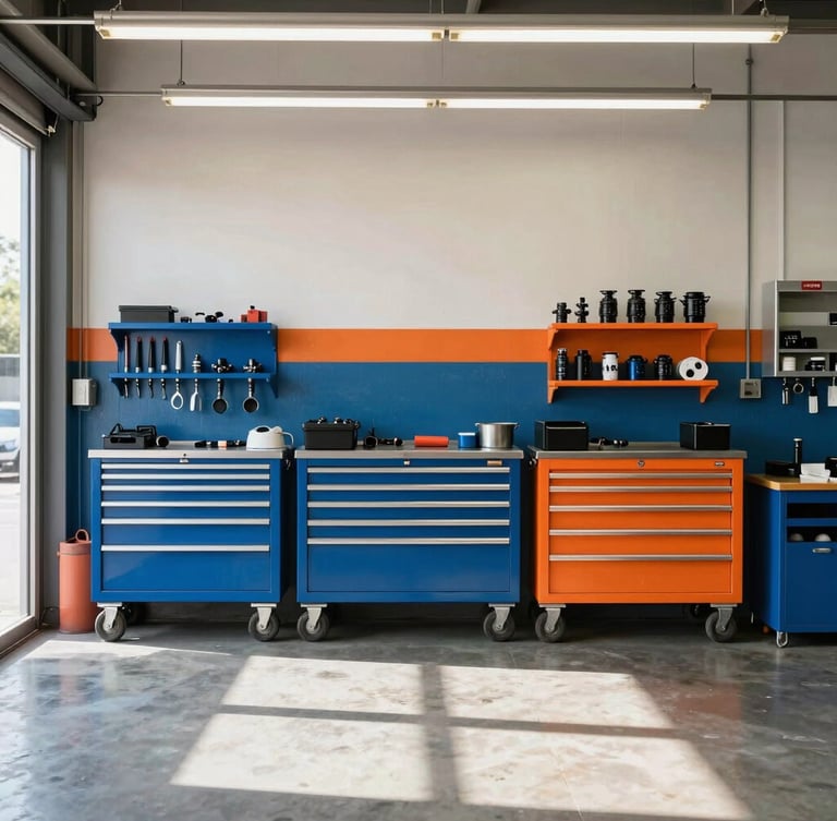 Straight-on medium shot of the Prime Auto Drive clean workshop bay with bright natural daylight, tool racks organized on the wall, cool blue and warm orange tones