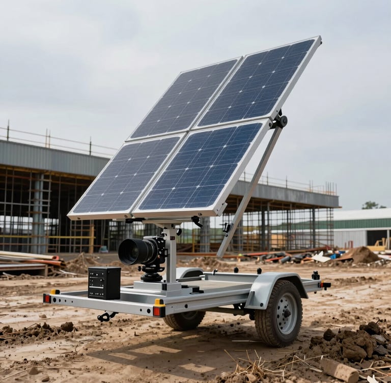 Low-angle heavy-duty solar camera trailer with solar panels raised, standing in a muddy commercial construction site, steel framing of a warehouse under construction in the background, overcast sky.