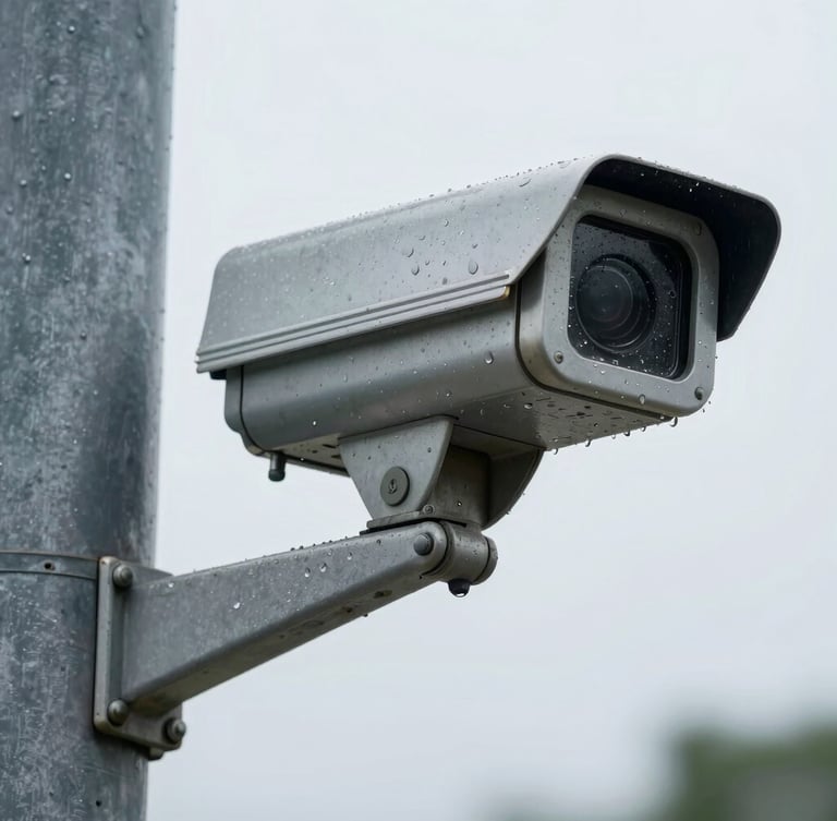 Tight detail shot of a weather-beaten, heavy-duty security camera enclosure mounted on a steel mast, rain droplets on the lens casing, high-contrast industrial lighting