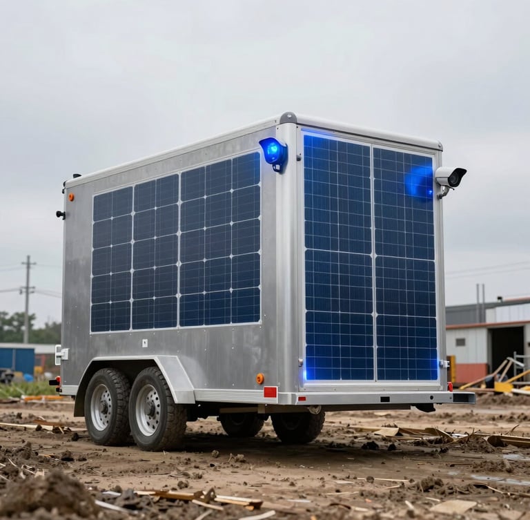 Low-angle hero shot of a heavy-duty solar-powered security camera trailer standing in a muddy jobsite, ruggedized steel casing, flashing blue deterrent light, high-contrast overcast daylight