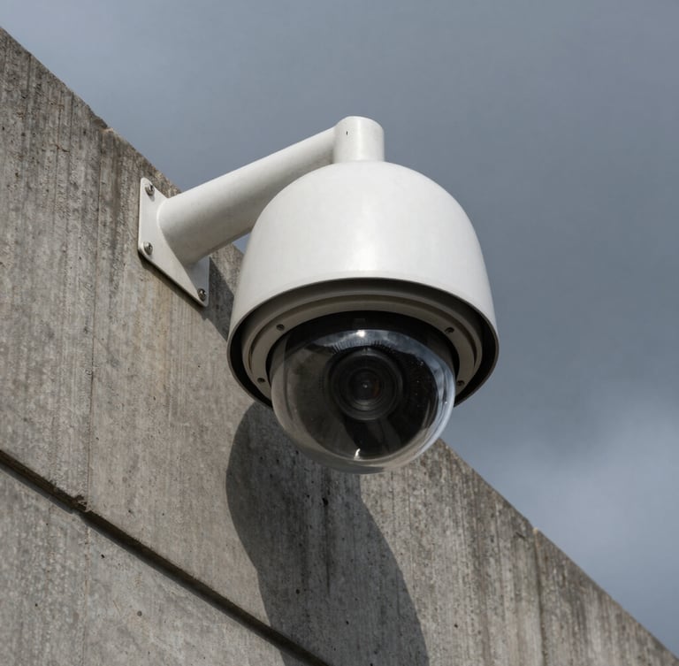 Low-angle sharp shot of a permanent commercial security camera dome mounted on a concrete industrial building corner, dark overcast sky, sharp steel and concrete textures, gritty realistic lighting.