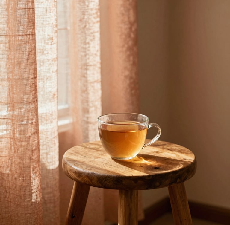 A serene corner of a room with a soft linen curtain, a small wooden stool holding a warm cup of herbal tea, soft shadows, 35mm